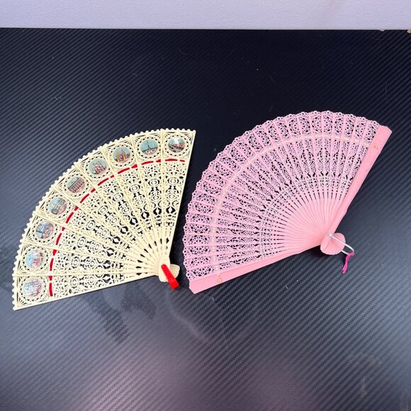 Vintage Pink & Ivory Souvenir Celluloid Plastic Lace Folding Hand Fans SET OF 2 - Picture 1 of 12